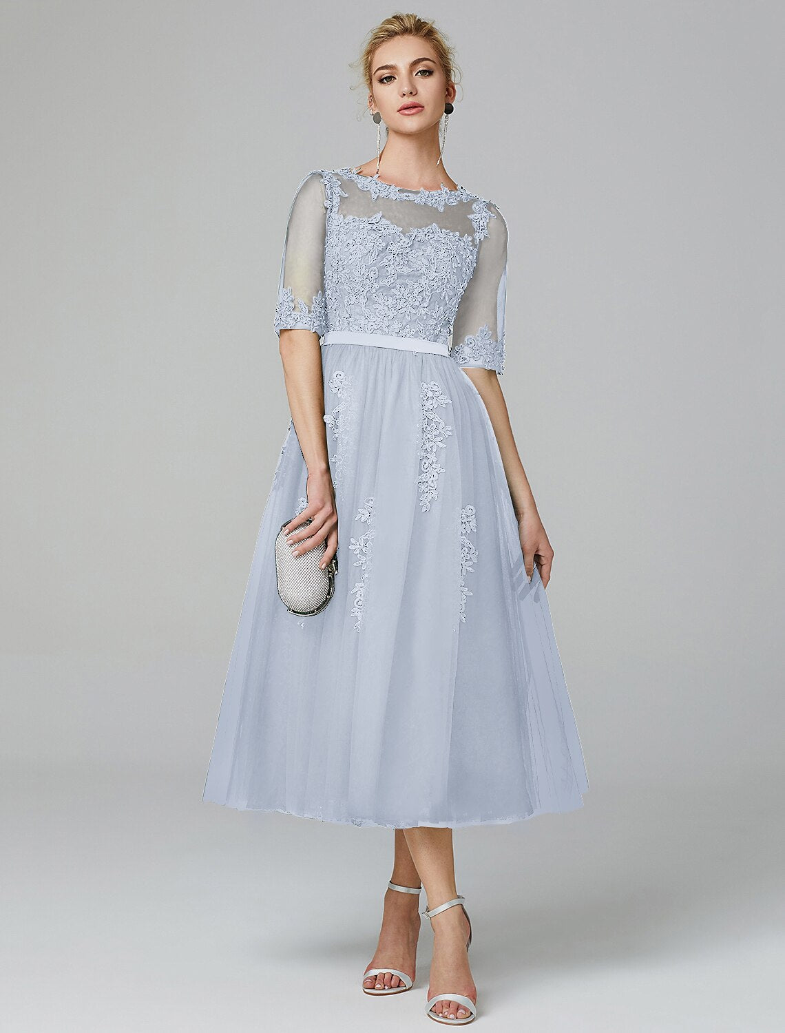 Luolandi A-Line Cocktail Dress Christmas Red Green Dress Formal Evening Kentucky Derby Tea Length Sleeveless Illusion Neck Fall Wedding Guest Lace Over Tulle with Sequin